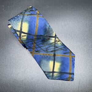Vtg Marienbad Abstract Blue Grid Necktie Hand Painted Designer 3.75” Memphis Art